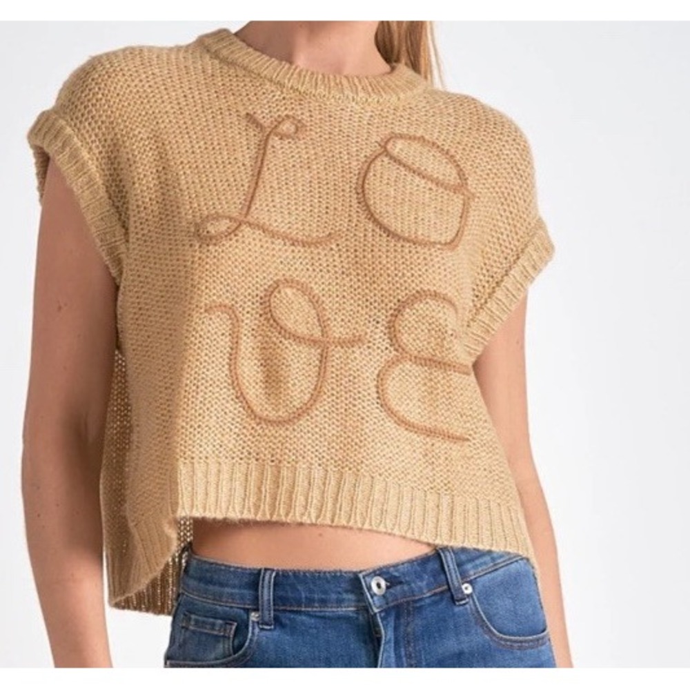 Elan Womens Small Beige LOVE Embroidered Cropped Boxy Short Sleeve Sweater